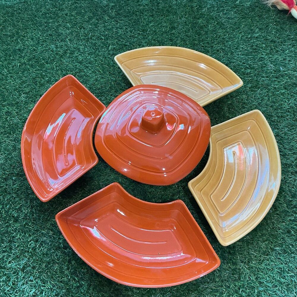 Vintage California Pottery 6 Pc Relish Serving Set Orange Brown CALIF USA MCM